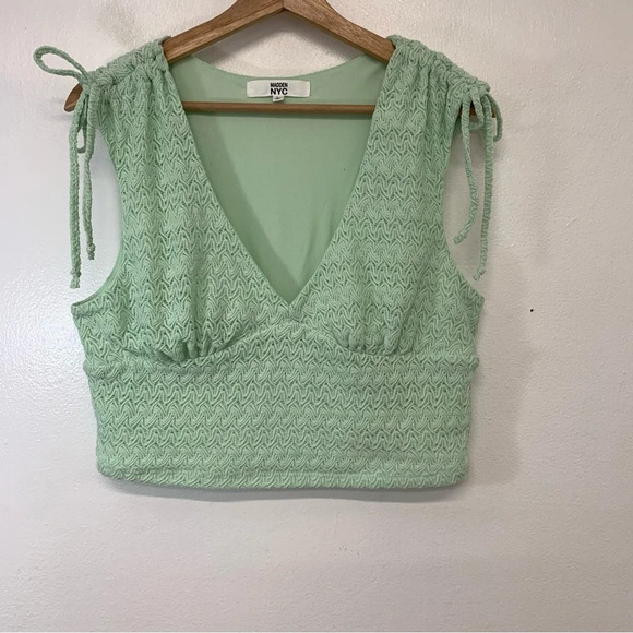 Madden NY Babydoll Crochet Lace Crop Top Woman Large Mint Green Knit Stretch Y2K - Picture 3 of 10